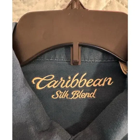 Caribbean silk blend blue short sleeve collared button up dress shirt size Large - Picture 4 of 10